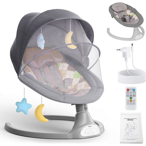 Transat bébé électrique 5 vitesses – Balancelle avec télécommande et musique – Housse démontable – Couleur gris – Tiga