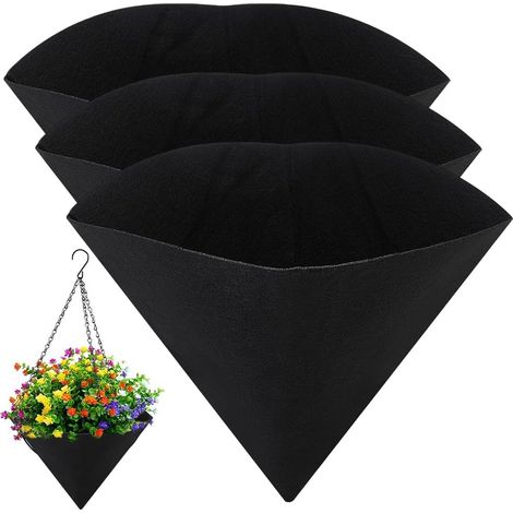 Lot de 3 doublures de panier à suspendre en forme de cône en tissu pour décoration de jardin, intérieur et extérieur, pots de fleurs, paniers de légumes, boîtes de fenêtre - Noir (1/5)