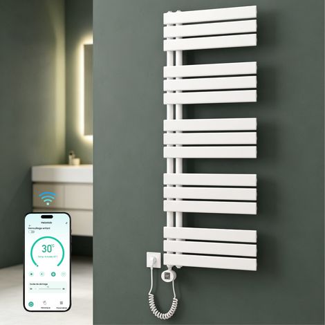 Mai & Mai Sèche-serviettes Électrique 131x50cm Blanc avec Résistance Chauffante 900 W Contrôle à Distance Chauffage Central Radiateur pour Salle de Bain (1/5)
