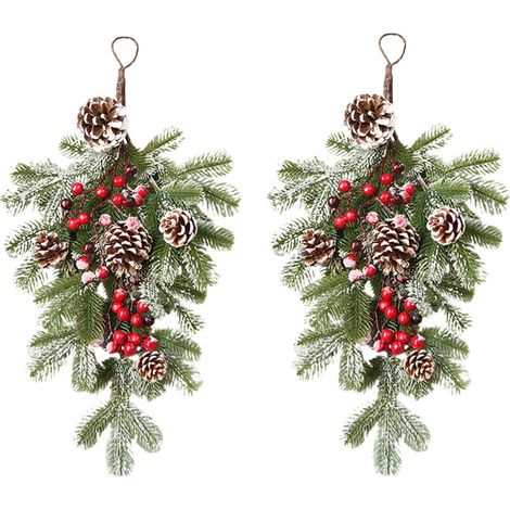 2er-Pack künstliche Weihnachtskränze in Tropfenform mit Beeren und Tannenzapfen für die Haustür, Dekorationen für die Wanddekoration zu Hause (1/5)