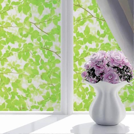 Film décoratif pour vitres, film dépoli, autocollant pour vitres effet vitrail avec colle, autocollant pour vitres auto-adhésif, motif feuilles vertes, 90 x 200 cm (1/5)