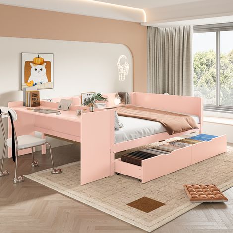 lit adulte double rangement 140x200 bureau rose OKMYHOME