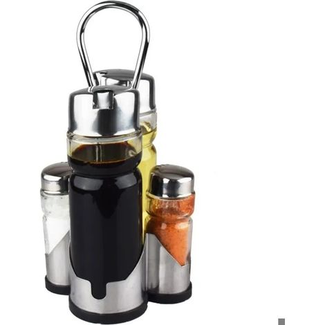 Ensemble salière et poivrière, distributeur d'huile et de vinaigre avec support en acier inoxydable (sel, poivre, huile et vinaigr (1/5)