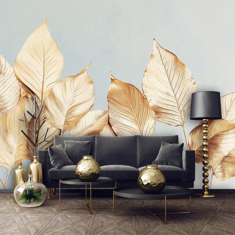 Vlies Fototapete Blätter 250x175 cm, Tapeten, für Wohn und Schlafzimmer, Vliestapete Wandtapete Tapete 3D Effekt- inkl. Kleister - Botanisch Natur Gold Grau, WallArena (1/4)
