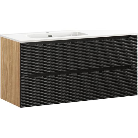 Meuble simple vasque encastrée gauche 120cm 2 tiroirs Elora Noir et bois