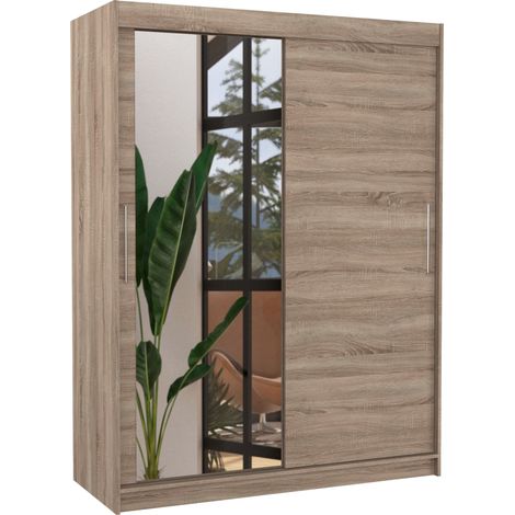 Armoire de chambre 2 portes coulissantes 1 bois truffe 1 miroir Bianky 150cm (1/4)