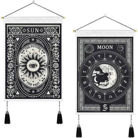Lot de 2 petites tapisseries murales Tarot Soleil et Lune pour une décoration intérieure esthétique, mystérieuse et abstraite de style gothique, tapisserie mandala en macramé (35x50cm) (1/5)