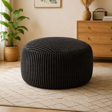 Saco de judías redondo (48x38x21 cm), relleno de espuma viscoelástica granular, corduroy negro (1/5)