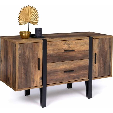 Idmarket – Buffet bas 105 cm en bois effet vieilli – 2 portes et 2 tiroirs – Pieds épingle en métal noir – Style industriel