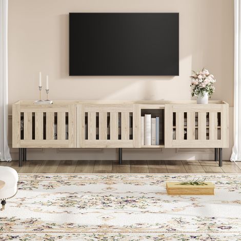 Meuble TV bas minimaliste 160 x 40 x 47 cm, en bois naturel, avec design ajouré, compatible avec les téléviseurs jusqu'à 65 pouces (165 cm). Fabriqué en MDF. (1/5)