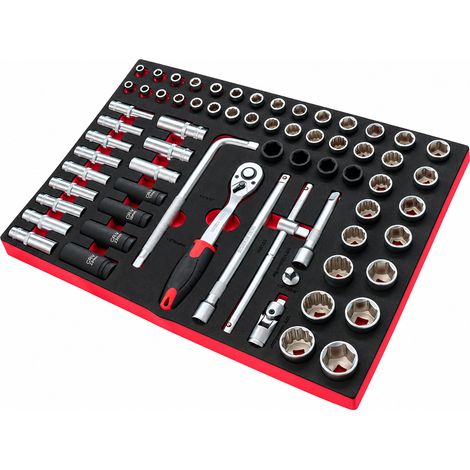 Assortimento di 67 utensili SOGI TER-33 - set di chiavi a bussola 1/2" da 8 a 32 mm - cricchetto, prolunghe, snodo Cr-V (1/5)