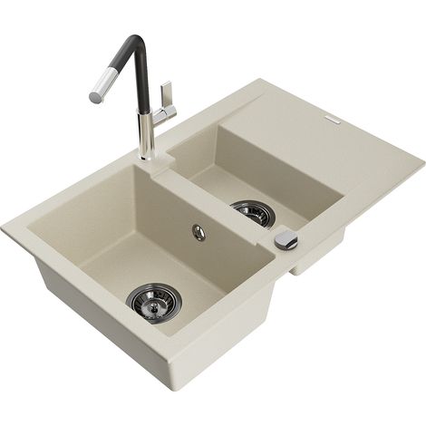 Mexen Gaspar évier en granit 1,5 bac avec égouttoir et robinet de cuisine Flora, beige - 6507-69-670401-07-B (1/5)
