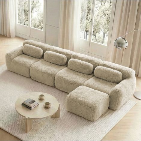 Divano angolare modulare a L 4 posti in tessuto peluche, beige chiaro, senza montaggio, con cuscini (1/5)