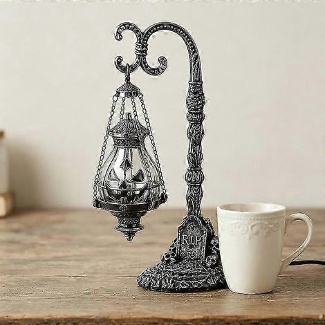 Lanterne citrouille LED d'Halloween, lampe de table suspendue style gothique vintage Jack O'Lantern avec détails de crâne et base en forme de pierre tombale RIP pour décoration de maison hantée (1 piè (1/5)