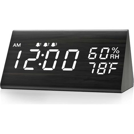 Réveil numérique avec affichage électronique LED en bois. 3 réglages d'alarme. détection d'humidité et de température. horloge électronique pour lits en bois. (1/5)