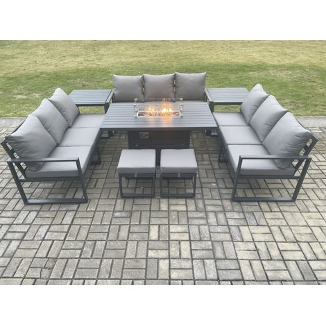 Fimous Aluminium 11 Seater Garden Furniture Outdoor Set Patio Lounge Sofa Gas Fire Pit Dining Table Set with 2 Small Footstools 2 Side Tables Dark Grey