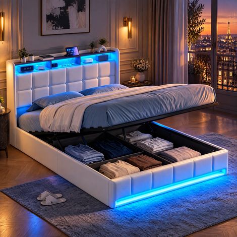 JOOKGBD- Polsterbett 140x200 cm, Doppelbett mit Stauraum, Kopfteil mit LED und USB-C, Bettkasten mit Gasdruckfeder, Jugendbett, Erwachsenenbett, Leinen, Beige (1/5)