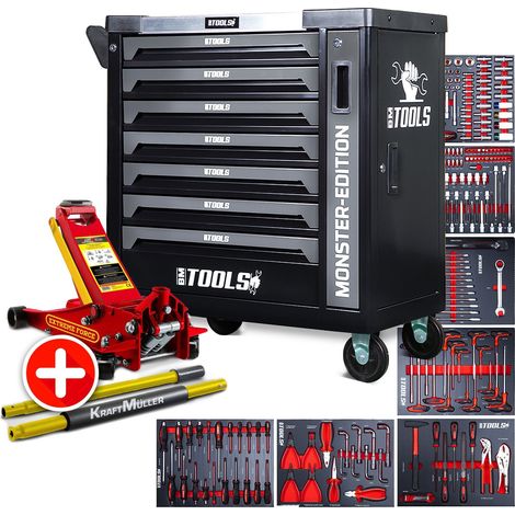 Servante d'atelier BM TOOLS 9/7 MONSTER-EDITION-GREY 7 tiroirs pleins 257 outils + Cric hydraulique Kraft Muller 2,25T ROUGE