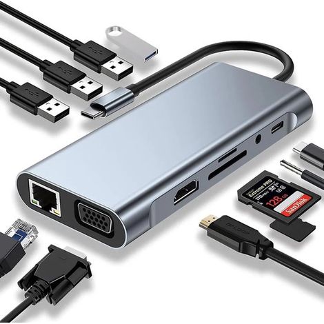 Hub USB-C, docking station, adattatore USB-C 11 in 1 con porte HDMI 4K, VGA e USB 3.0. (1/2)