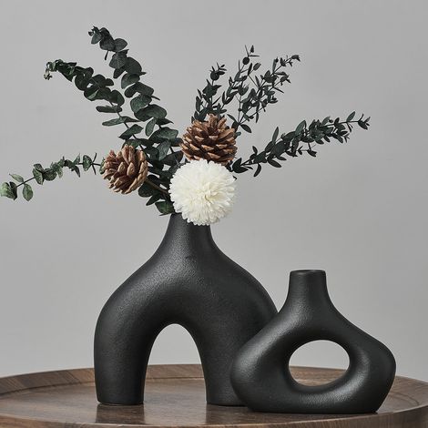 Lot de deux vases en céramique noire pour décoration d'intérieur,vase décoratif avec trou central,vase rond creux en forme de donut,idéal pour offrir (1/5)