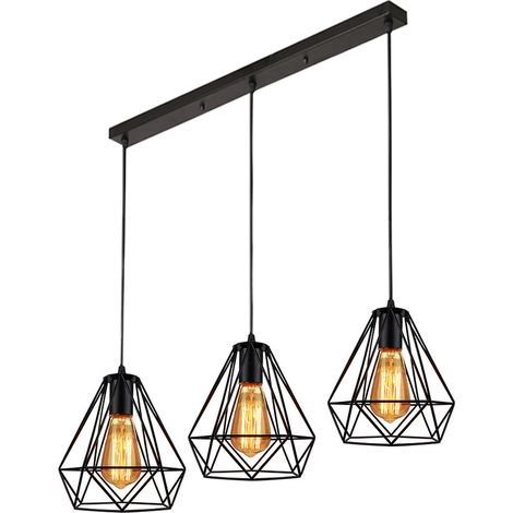 Retro Pendant Lighting Fitting Black, Vintage Hanging Ceiling Light 3 Lights Spiral Metal Chandelier with Ø20cm Diamond Cage - Rectangular Base (1/5)