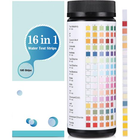 Tiras reactivas 16 en 1 para piscinas y spas, 100 tiras reactivas de pH para piscinas, comprobador de dureza, alcalinidad total, cloro libre, bromo, pH y más. (1/5)