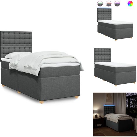 Sommier à lattes de lit et matelas Gris foncé 90x190 cm Tissu - Lit Plateforme - Lit Double - Lit Design - Matelas À Ressorts Ensachés - Éclairage Led (1/5)