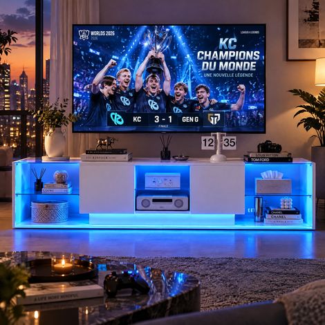 JOOKGBD-Meuble TV 200 x 35 x 45 cm,Armoire TV Basse LED avec Espace de Rangement Ouvert et tiroirs,Meuble Bas avec Grand Espace de Rangement,la mode et haut de gamme,pour Salon,Chambre à Coucher,Blanc (1/5)