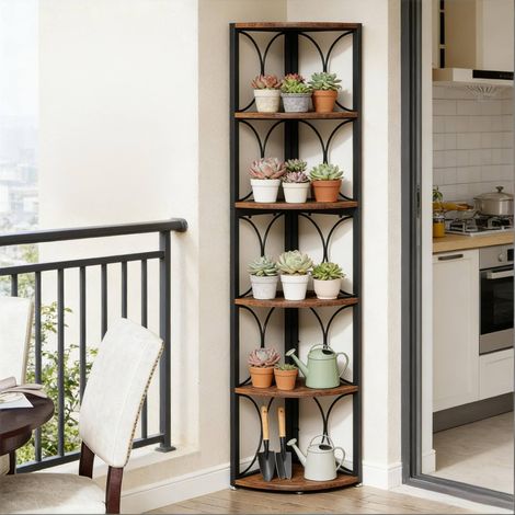 Scaffale angolare 107x38x15 cm, 6 ripiani salvaspazio, struttura verticale, metallo e legno nero marrone rustico (1/5)