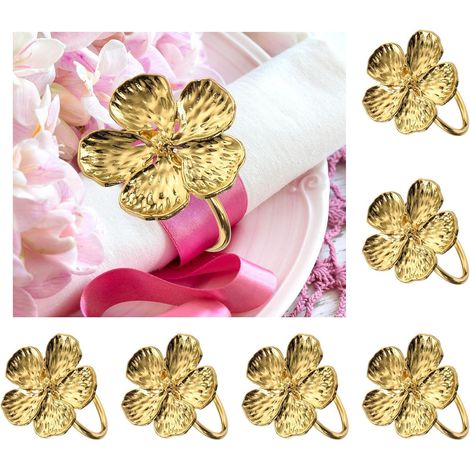 Serviettenringe mit Blumenmuster, Weihnachtsserviettenringe, Hochzeitsserviettenringe, Gold, 6er-Set (1/5)