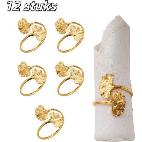 Lot de 12 ronds de serviette en métal en forme de feuille de ginkgo avec finition dorée pour décoration élégante de table mariage fête et réception (1/5)