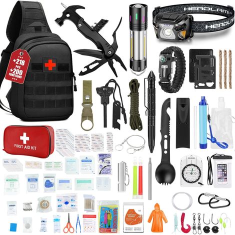 Kit de Survie Complète, 218 en 1 Multifonctionnel Trousse de Secours Boussole Filtre Eau Sifflet Survie Pierre a Feu Couverture Torche LED Survival Kit Randonnée Peche Camping Accessoires (1/5)