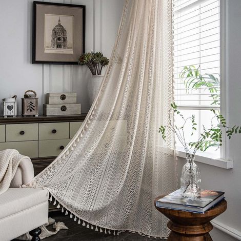 Rideau En Dentelle Coton Lin - Poche Pour Tringle - Semi-Transparent - Pour Chambre Salon - 150 X 240 Cm (1/5)