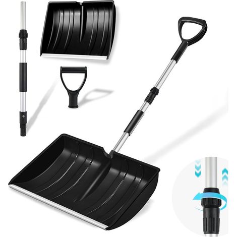 Pelle à neige de grande capacité avec poignée ergonomique et manche télescopique portable Outil de déneigement pour allée, garage, jardin, camping, urgence, jeu de bonhomme de neige – Noir (1/5)
