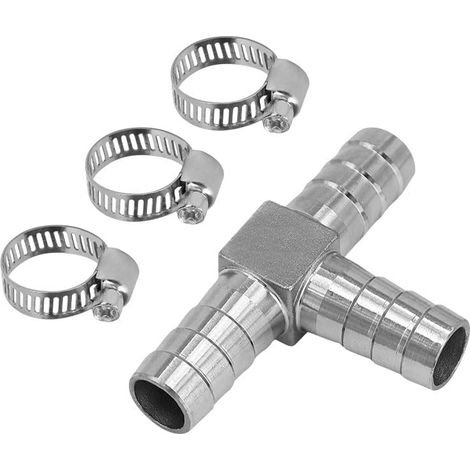 304 acier inoxydable 3 voies T-forme Tee raccord, adaptateur de buse de tuyau 16mm / G1 / 2 "avec 6 pinces pour l'irrigation de jardinage et les lignes de fluides industriels (1/4)