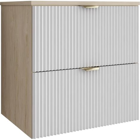 Mobile da bagno con frontale scanalato 60 cm con 2 cassetti, noce chiaro (MDF), con frontale bianco, con maniglia dorata, 60 x 47 x 60 cm (1/5)