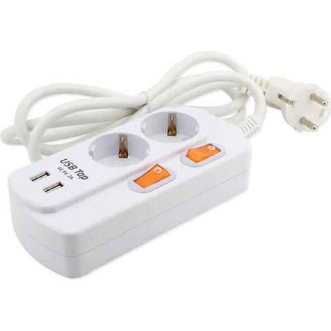 Multiprise 2 Prises avec 2 Ports USB Commutables Individuellement, Protection Contre les Surintensités, Blanc (1/5)