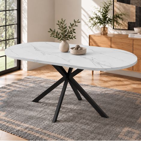 Table à manger extensible 120/160x80x75 cm pour 4-6 personnes, plateau ovale effet marbre, pieds en métal, design moderne salle à manger - MDF-Blanc (1/5)