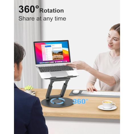 Support télescopique gris pour ordinateur portable, base pivotante 360°, réglable en hauteur, utilisation assise‑debout, rehausseur portable pour une bonne posture (1/5)