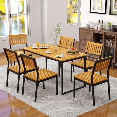 Table à Manger en Bois d'Acacia pour 6 Personnes Table Rectangulaire avec Plateau à Lattes Cadre en Métal&Trou pour Parasol Charge 75 kg (1/3)