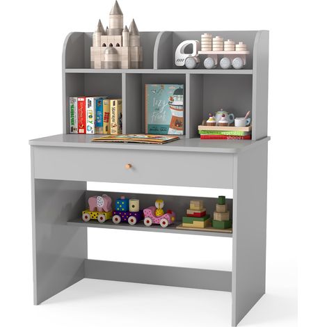 COSTWAY Scrivania in Legno 80 x 48 x 102 cm per Bambini 3+ Anni, Scrivania Cameretta Bambina con 5 Mensole, 1 Cassetto, Spazio di Lavoro e Angoli Arrotondati, Ideale per Studio e Disegno (Grigio) (1/4)