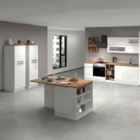 Dmora Completa Baptiste, Set modulabile, componibile con più Elementi, 100% Made in Italy, Bianco Lucido e Rovere, Cucina con 2 Ante in Vetro