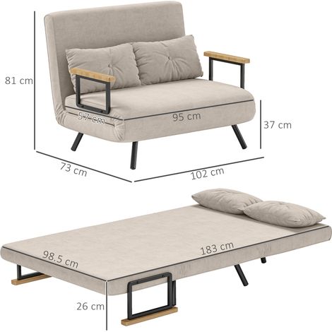 Un canapé-lit 3 en 1 en tissu aspect velours (avec dossier réglable et deux coussins inclus), dimensions : 102 x 73 x 81 cm, blanc crème. (1/5)