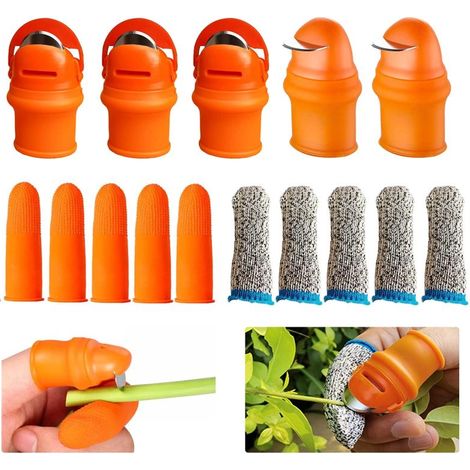Ensemble de 15 couteaux de jardinage en silicone orange (3 plats + 2 anciens couteaux coudés + 5 couteaux anti-coupure + 5 manchons en caoutchouc) (1/5)
