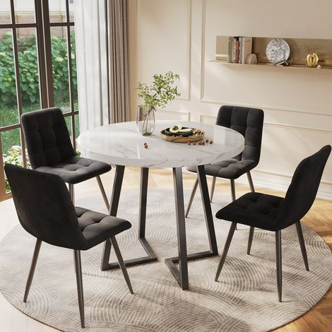 Ensemble table et chaises 5 pièces salle à manger ronde 80cm - plateau MDF blanc pieds noir + 4 chaises velours noir (1/5)