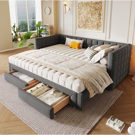 MEUBLIV Lit banquette 90x200 cm gris – extensible avec 2 tiroirs, sans matelas (1/5)
