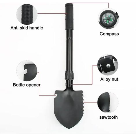 Pelle d'ingénieur pliable et portable pour camion, utilisable en camping, avec tente, outil de survie et d'autodéfense, et sac de rangement pour boussole. (1/5)
