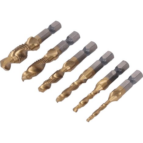 Jeu de 6 tarauds combinés à queue hexagonale, tarauds à goujures hélicoïdales, outil de taraudage en acier rapide, couleur or (1/5)