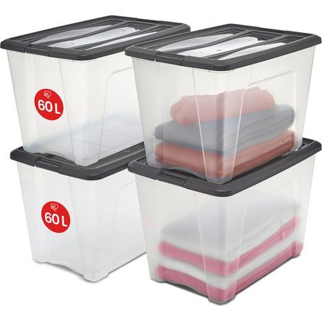 Iris Ohyama, Boites de Rangement Plastique avec Couvercle, 60L, Lot de 4, Noir, NTB-60