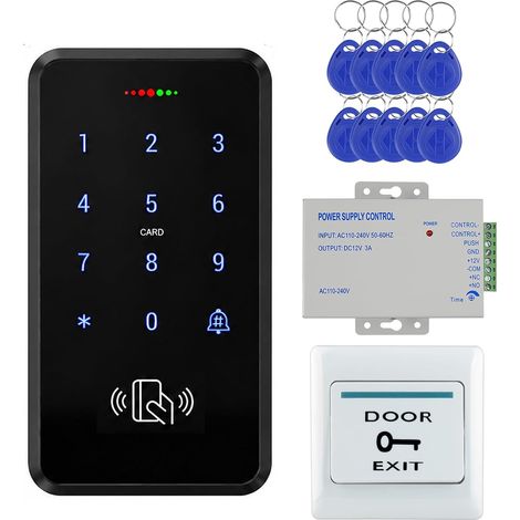 Kit de contrôle d'accès avec pavé tactile, bloc d'alimentation 12 V, bouton de sortie, 10 porte-clés ID bleus - 3000 utilisateurs, rétroéclairage bleu, pour porte d'entrée de bureau et appartement. (1/5)